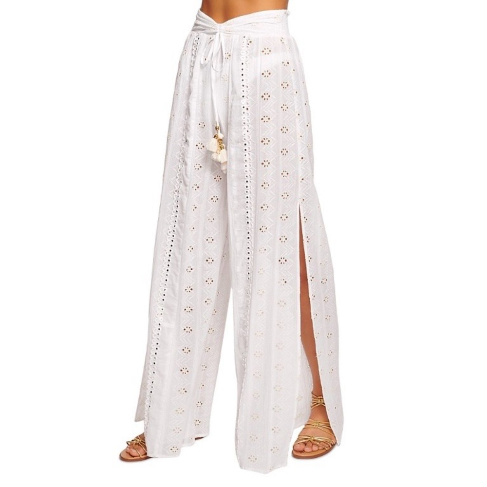 Ramy Brook Adelia White Eyelet Wide-Leg Drawstring Pants